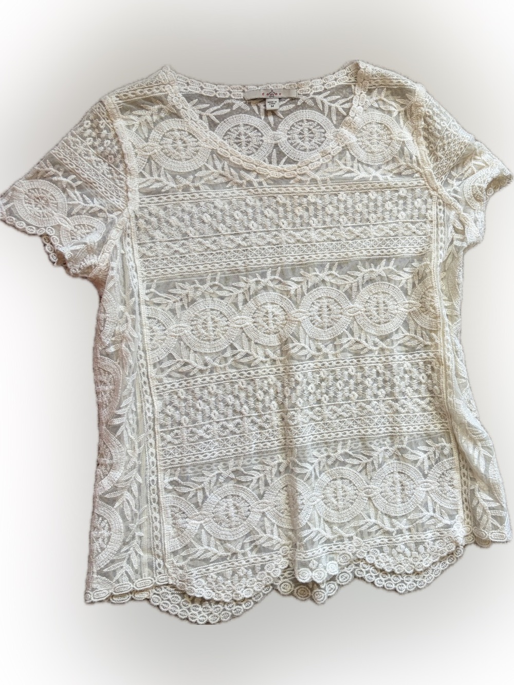 Lace Overlay Short Sleeve Top - Cream